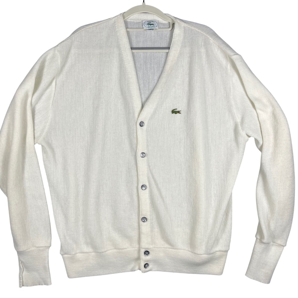 Izod Lacoste Cardigan Mens XL White Vintage Orlon Acrylic V-Neck Sweater VTG USA
